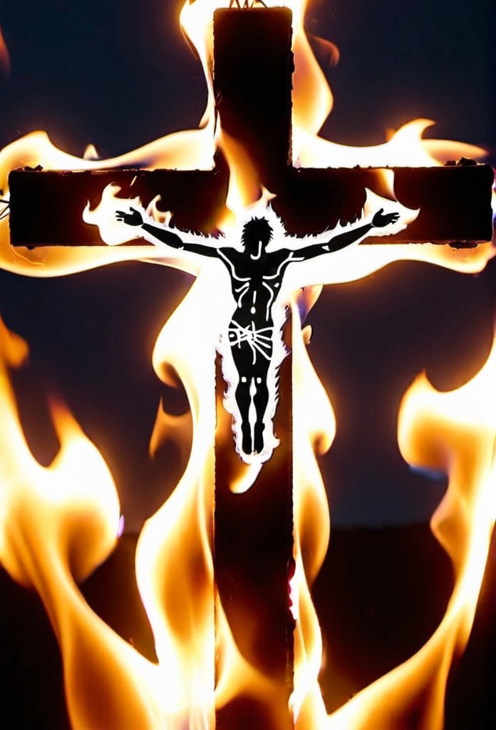 Prompt: Crazy plays a burning strings that looks like a cross in heaven 