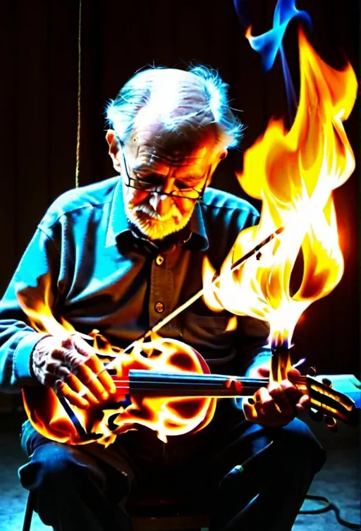 Prompt: old manplays a burning strings that looks like a cross 