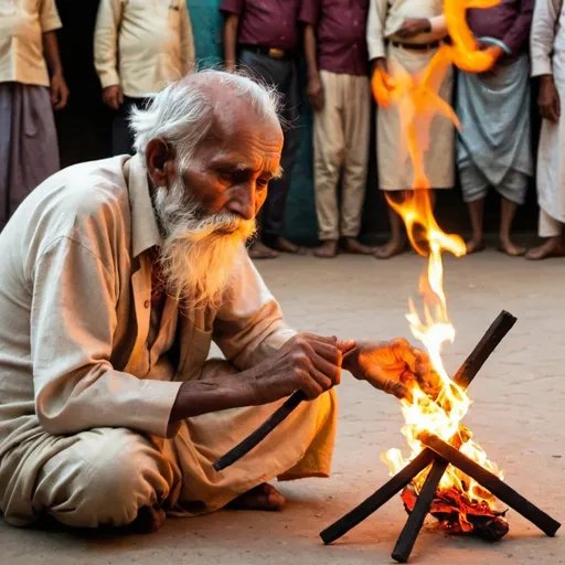 Prompt: An old man plays a burning ketar that looks like a cross
