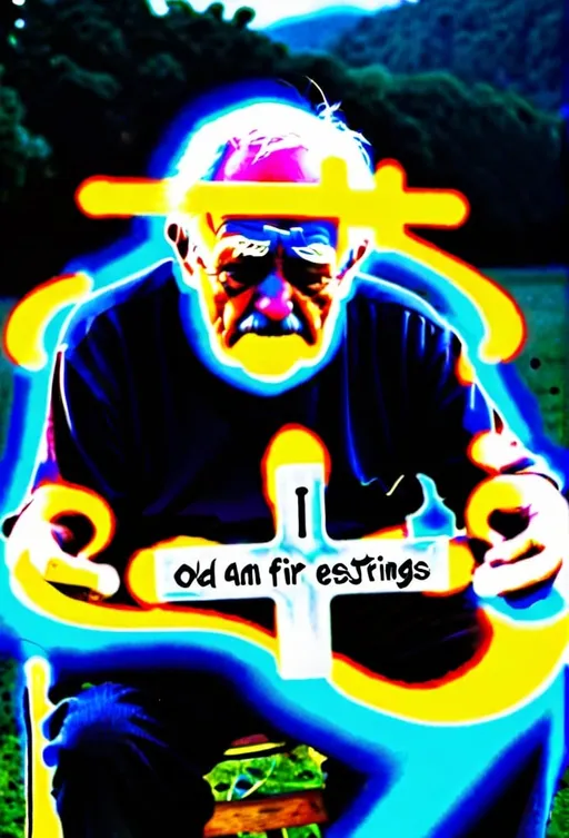 Prompt: old man play a fire strings that looks like a cross