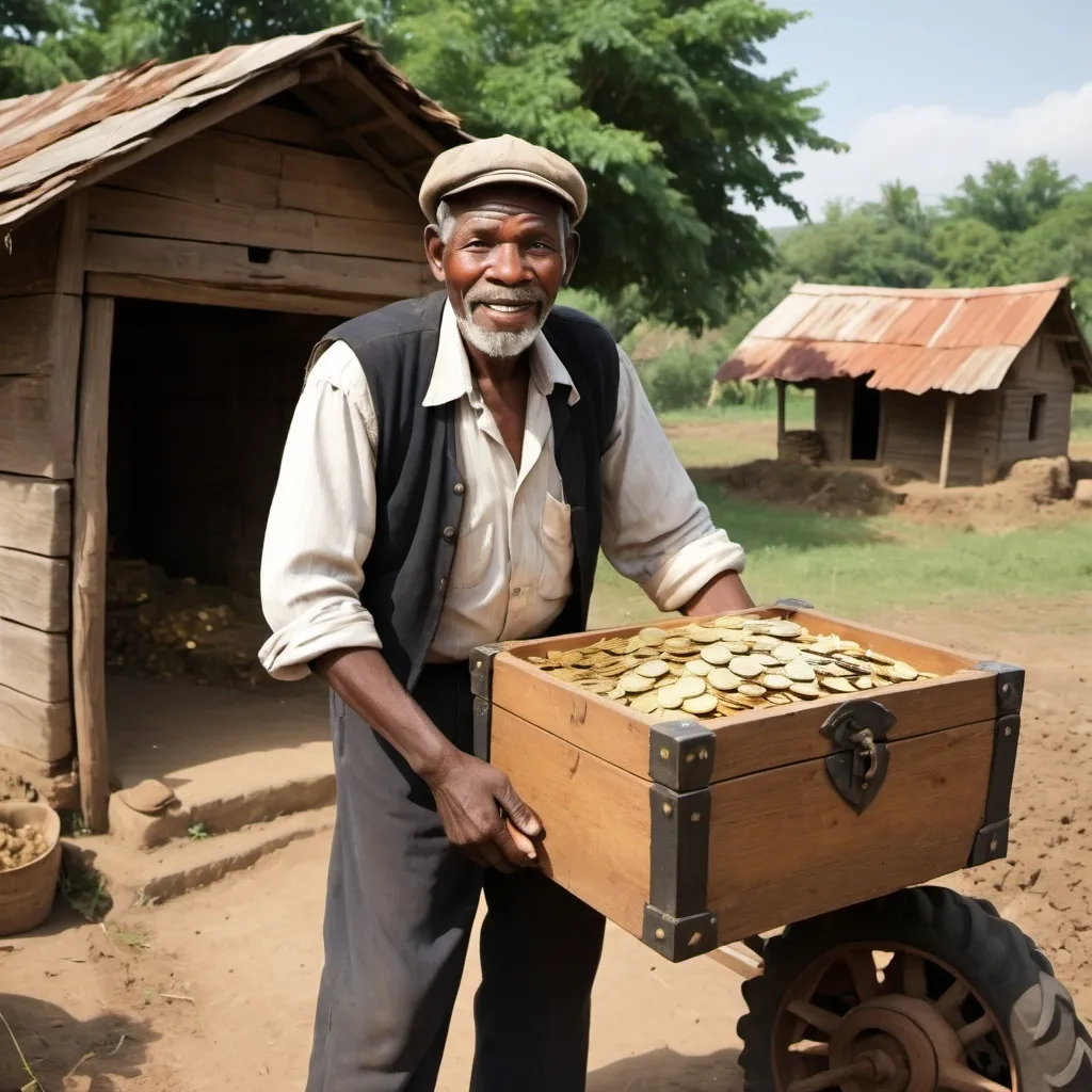 Prompt: Once upon a time in a small village, there lived a poor farmer named Jethro. Jethro worked tirelessly on his small plot of land, growing just enough to feed his family. One day, while plowing his field, his plow struck something hard. Digging around it, he discovered an ancient, rusted chest buried deep in the ground.

With great effort, Jethro pried open the chest to reveal a treasure trove of gold coins and precious jewels. Overwhelmed with joy, he brought the chest to the village elder, who confirmed its value and advised Jethro on how to use his newfound wealth wisely.

Jethro decided to invest in better farming equipment and more land. He also shared his fortune with his neighbors, helping to improve the entire village's prosperity. Jethro's generosity and hard work transformed him from a poor farmer into the wealthiest man in the village, respected and loved by all.

Years later, Jethro was known not just for his wealth, but for his kindness and wisdom. He built schools and hospitals, ensuring a better future for everyone. And so, Jethro's story became a legend, proving that fortune favors the kind-hearted and the diligent.