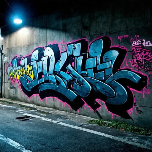 Prompt: “Roadside” using complex three dimensional intertwining wildstyle graffiti, using dark silver and blue accents