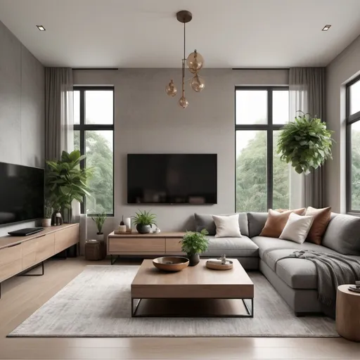 Prompt: Modern living room with grey couch and brown tv console
