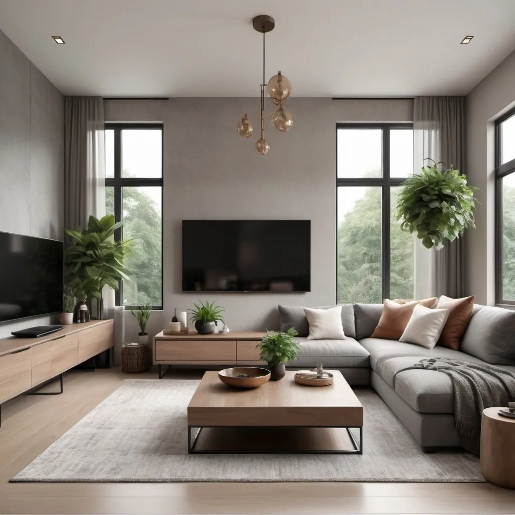 Prompt: Modern living room with grey couch and brown tv console
