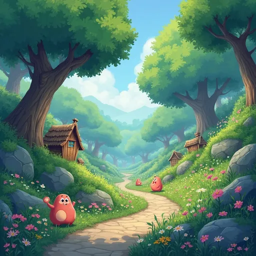 Prompt: A serene forest path winds through a vibrant landscape, flanked by lush green trees and colorful wildflowers blooming along its edges. Nestled between rocks and the greenery, quaint wooden houses peek through the foliage, creating a whimsical charm to the scene. Three adorable creature characters—two with round bodies and cheerful expressions, one resembling a small bear—are playfully situated near the path, adding a sense of liveliness and camaraderie. Soft, warm sunlight filters through the canopy, casting a gentle glow that enhances the tranquility of this enchanting environment, evoking feelings of joy and adventure in a magical world.