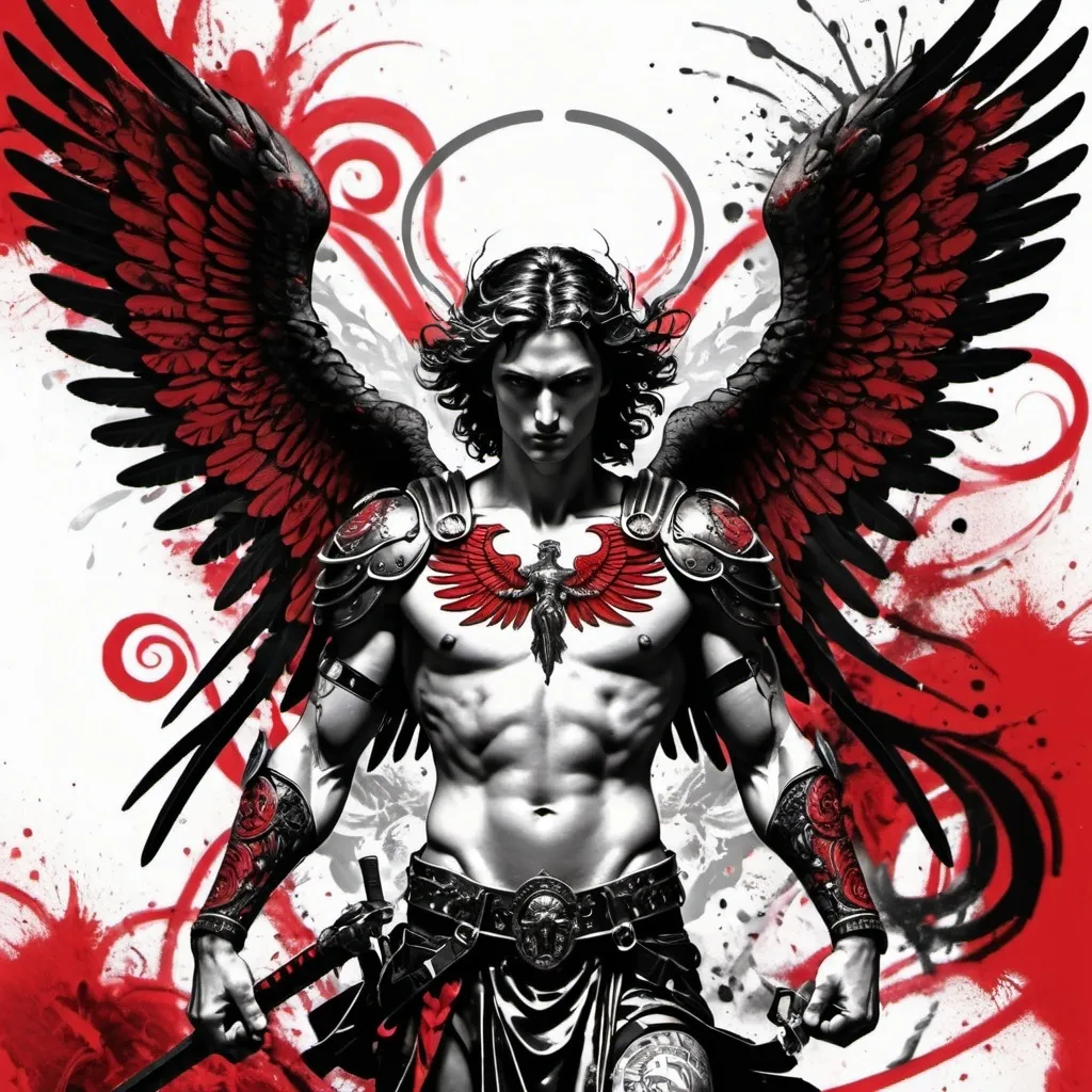 Prompt: saint michael archangel warrior with with spread wings trash polka style tattoo