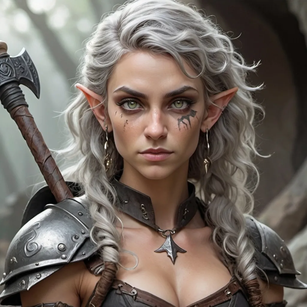 Prompt: Female Elf with light grey skin and amber colored eyes. Her hair is in curls and is black. She is muscular and feminine. She has a battle axe in her hands. She has a piercing on her upper lip and a scar across her chest and knuckles. She’s wearing a tattered gi with wraps around her ankles and wrists 