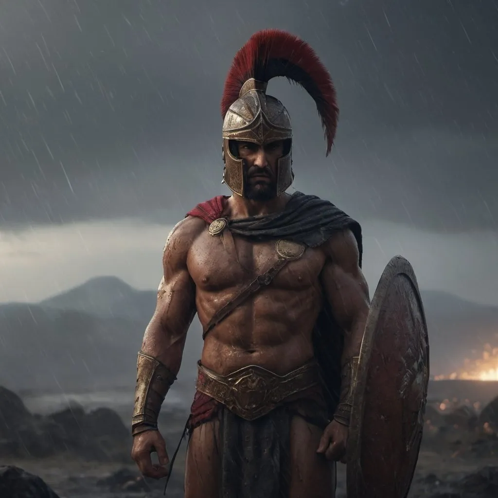 Prompt: Spartan warrior standing on the battlefield, intense and focused gaze, heavy rain with detailed droplets, Greek mythology, 4K, ultra-detailed, David Palumbo style, dark and foggy atmosphere, volcano erupting in the background, spartans silhouetted in the distance, raised flag, unreal engine 5, high-res, professional, 120 fov, blurred camera, atmospheric lighting