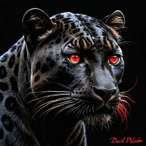 Prompt: a black leopard with red eyes in the dark with a black background and a black background with a black leopard, David Palumbo, sumatraism, art greg rutkowski, an album cover