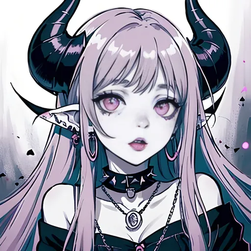 Prompt: score_9, score_8_up, score_7_up, score_6_up,  fl4ttr1p,
goth, vampire,1girl, solo, goth core, woman with large curved horns, pointy ears, black horns, septum ring, lip ring, earrings, black face markings, freckles, diamond shaped mark on forehead, spiked choker, necklace with circular pendants, monochromatic pink color scheme, demon girl, tiefling, horror, occult, dark, long light colored hair, partially open mouth, confidence, heavy-lidded eyes, all black eyes