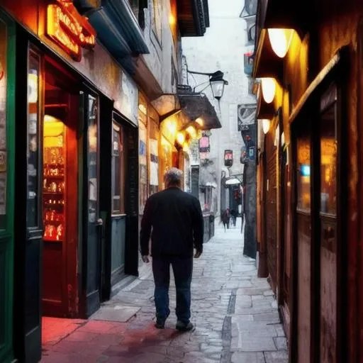 Prompt: a middle-aged, worn-out man walks down a narrow street full of seedy pubs and bars.