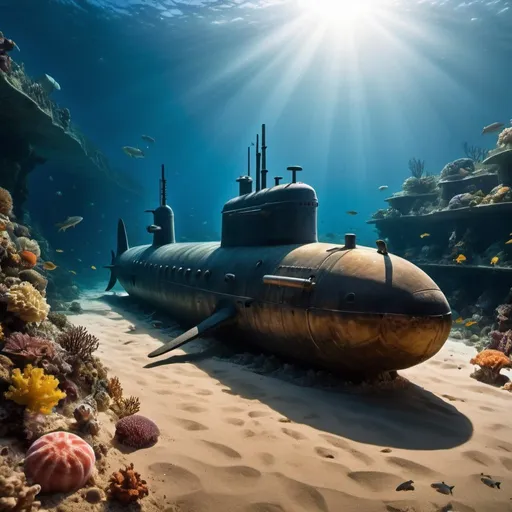Prompt: ocean, giant submarine. Aquatic creatures, fish, sharks, crabs, starfish, and corals. Ocean floor sand, sunlight reflection. national geographic atmosphere.