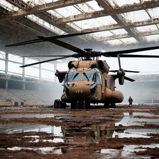 Prompt: abandon Sikorsky CH-53E Super Stallion parked in an old football stadium, many women walking, Dilapidated, a lot of rust, very worn out, very Rusty, damaged, Muddy land, Industrial waste, Metal pipes, industrial fan left on the ground, dirty water, summer.