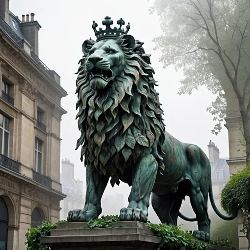 Prompt: a giant iron statue of lion with crown, Oxidized, art and craft, William Morris, Blade flower, ivy, Urban Element, Panthéon in Paris area, gothic art, neo-gothic, an art deco sculpture, crowded, historic atmosphere, computer art, dystopian art, cyberpunk art, thick fog.