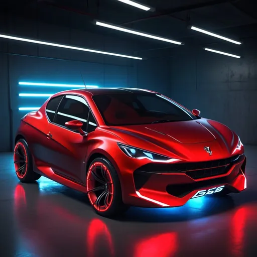 Prompt: concept of a futuristic Peugeot 206 inspired by Lamborghini with linear lights, red, garage, neon lights 