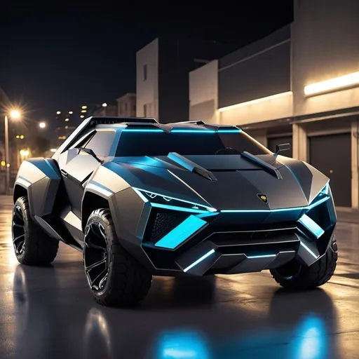 Prompt: concept of a futuristic 6-wheeled pickup truck Lamborghini with linear lights