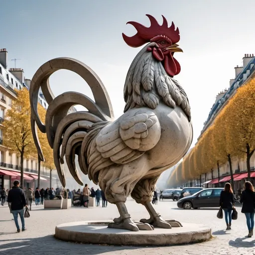 Prompt: giant statue of a Rooster made of stone, Hellenistic Sculpture Sculpture, a plaza in Paris, busy place, futuristic atmosphere, artistic people.