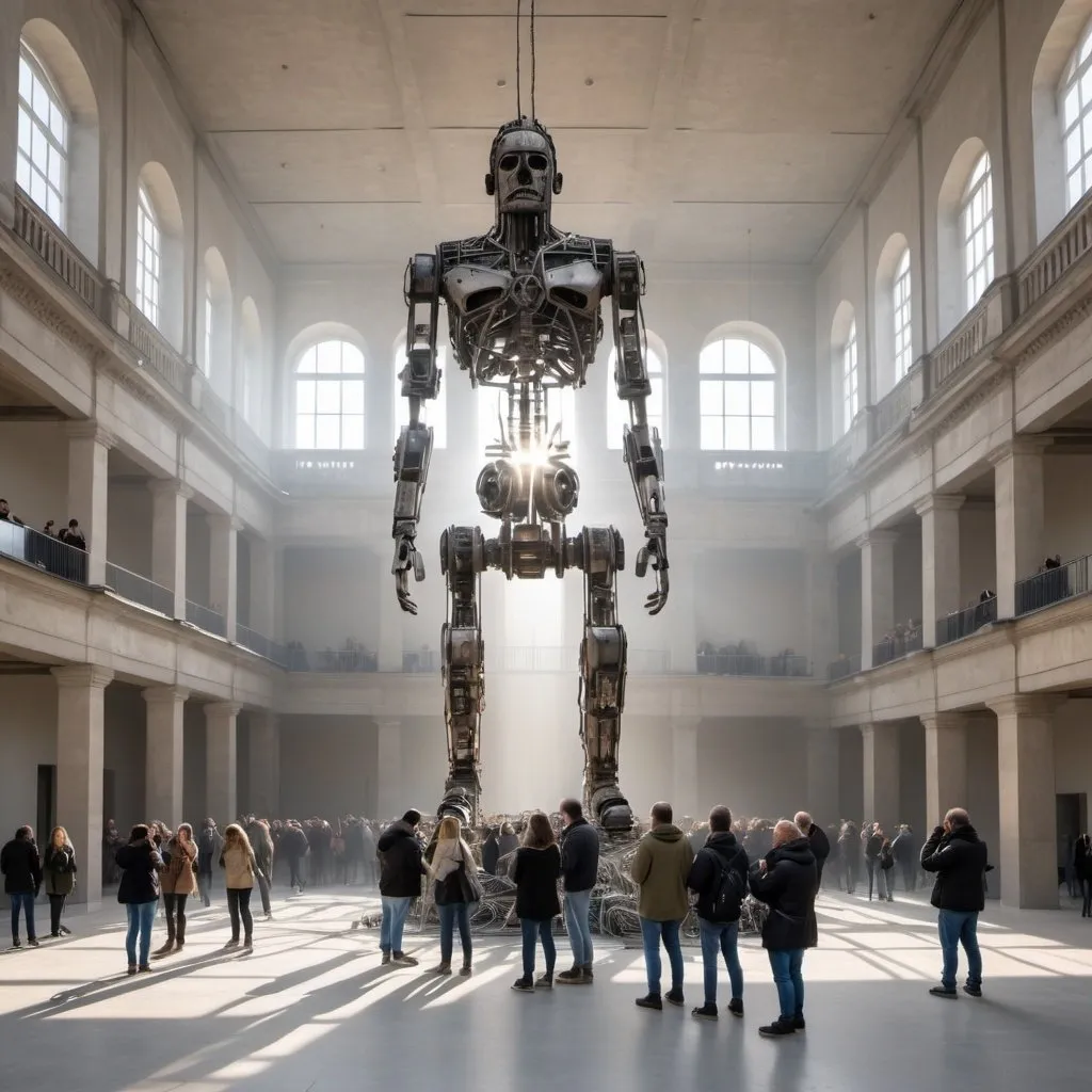 Prompt: An abstract sculpture of the History of mankind, made from the discarded metal parts, creative, the Humboldt Forum in Berlin, crowd, visitors taking pictures with cellphones, artists, LED lighting, fog, Narrow windows, A ray of sunlight, concrete floor, Cables hanging from the ceiling.