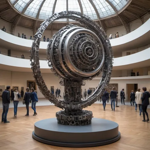 Prompt: An abstract sculpture made from discarded metal parts, creative, Musée des Arts décoratifs in Paris, busy place, futuristic atmosphere, artistic people.