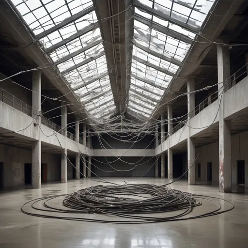 Prompt: A large hall with a glass ceiling and a concrete floor, windows, metal cables hanging from the ceiling and twisted, cables reaching the floor, long, bent and twisted, metal cable, decorative art, creative, abstract, postmodern, the floor is filled with metal cables, untidy, abandoned, disorderly, crowded.