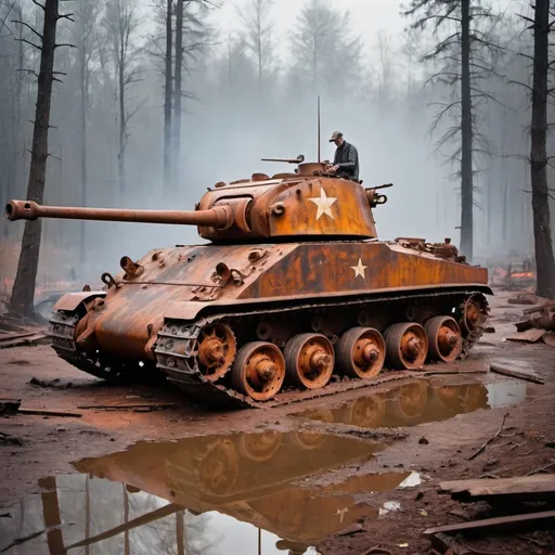 Prompt: a large excavated area,abandoned M4 Sherman tank parked, barbed wire, Dilapidated tank, The tank has a lot of rust, very worn out, very Rusty, damaged, woods reaching the floor, long, bent and twisted, abstract area, the floor is filled with metal wastes, untidy, disorderly, people in the background, mechanics engineer, taking notes, Water collected on the floor, thick fog, burning firewood,fire, neon lights, red lighting, Mechanical tools, side view, documentary atmosphere.