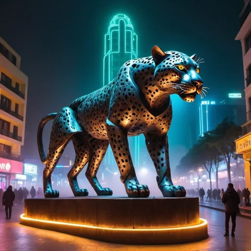 Prompt: giant statue of a wild jaguar made of iron, art deco style,neon lights, The symbol of the city in the plaza, busy place, futuristic atmosphere, artistic people, fog.