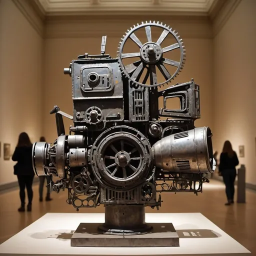 Prompt: An abstract sculpture of the Cinema made from the discarded metal parts, creative, the Metropolitan Museum Of Art, artistic atmosphere.