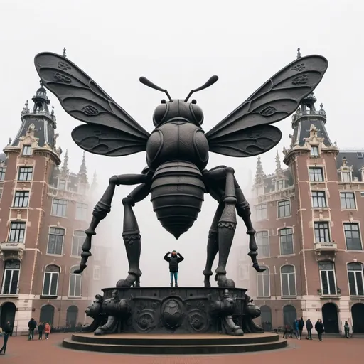 Prompt: a giant cast iron statue of a honey bee, Antoni Gaudí style, Neo-Gothic, Urban Element, standing in front of Royal Palace Amsterdam, people taking photos, artistic atmosphere, fog