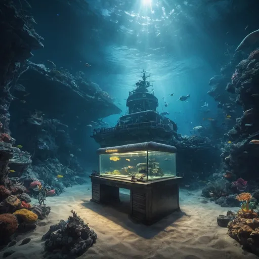 Prompt: A giant scientific research submarin, neon lights, ocean. Aquatic creatures are swimming in the area, including fish, table fish, sharks, crabs, starfish, and corals.  Ocean floor sand, sunlight reflection. national geographic atmosphere.