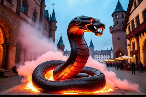 Prompt: a giant statue of a cobra snake made of red stone, neon lights, The main square of the ancient city, Medieval atmosphere, A lot of smoke and fog, a lot of Knights, a lot of horses, a lot of soldiers in the area, Castles in the background with Gothic style architecture, The fireplaces are lit, flags are raised, the floor is wet, Germany, 1390 A.D