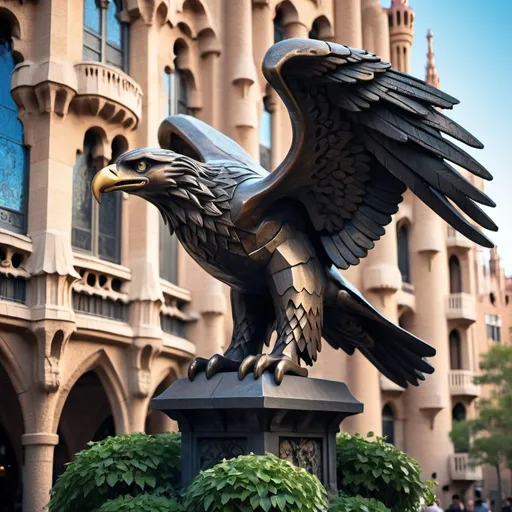 Prompt: a giant cast iron statue of an eagle, Oxidized, Antoni Gaudí style, Neo-Gothic, Urban Element, Plaça de Gaudí in Barcelona, Carles Delclaux Is, gothic art, neo-gothic, an art deco sculpture, crowded, artistic atmosphere, Blade flower, ivy, Filip Hodas, computer art, dystopian art, cyberpunk art.