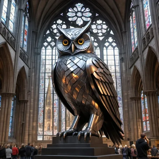 Prompt: giant statue of an owl made of metal, neo gothic Sculpture, gothic stained glass, a cathedral in background, busy place, futuristic atmosphere, artistic people.