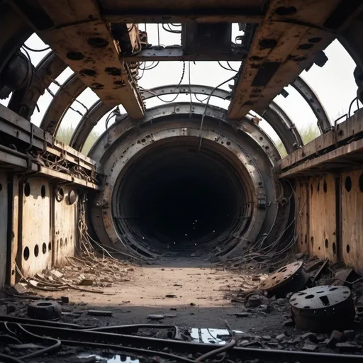 Prompt: a large Underground shelter, worn out, rusty, bullet holes, Military equipment, Mechanical equipment, lots of metal cables, many metal wastes, burn effect.
