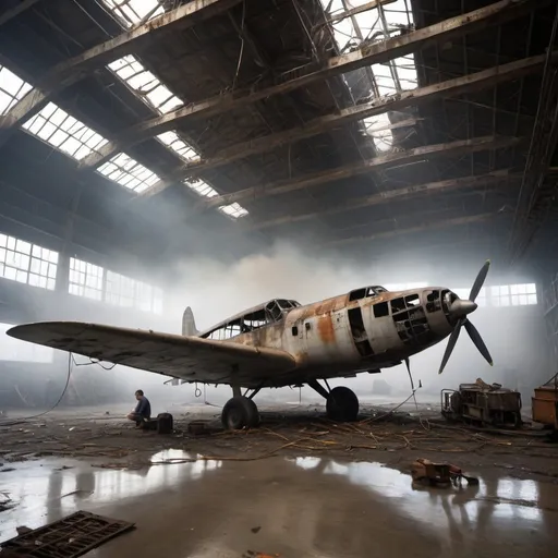 Prompt: A large hangar with Open and closing roof, spotlight projectors, Focke-Wulf Fw-61 parked, Dilapidated plane, The planes have a lot of rust, very worn out, very Rusty, damaged, cables reaching the floor, long, bent and twisted, abstract area, the floor is filled with metal cables, untidy, disorderly, 20 people in the background, mechanics engineer, pilots, taking notes, Water collected on the floor of the building, thick fog, burning firewood,fire, Mechanical tools, side view, documentary atmosphere.