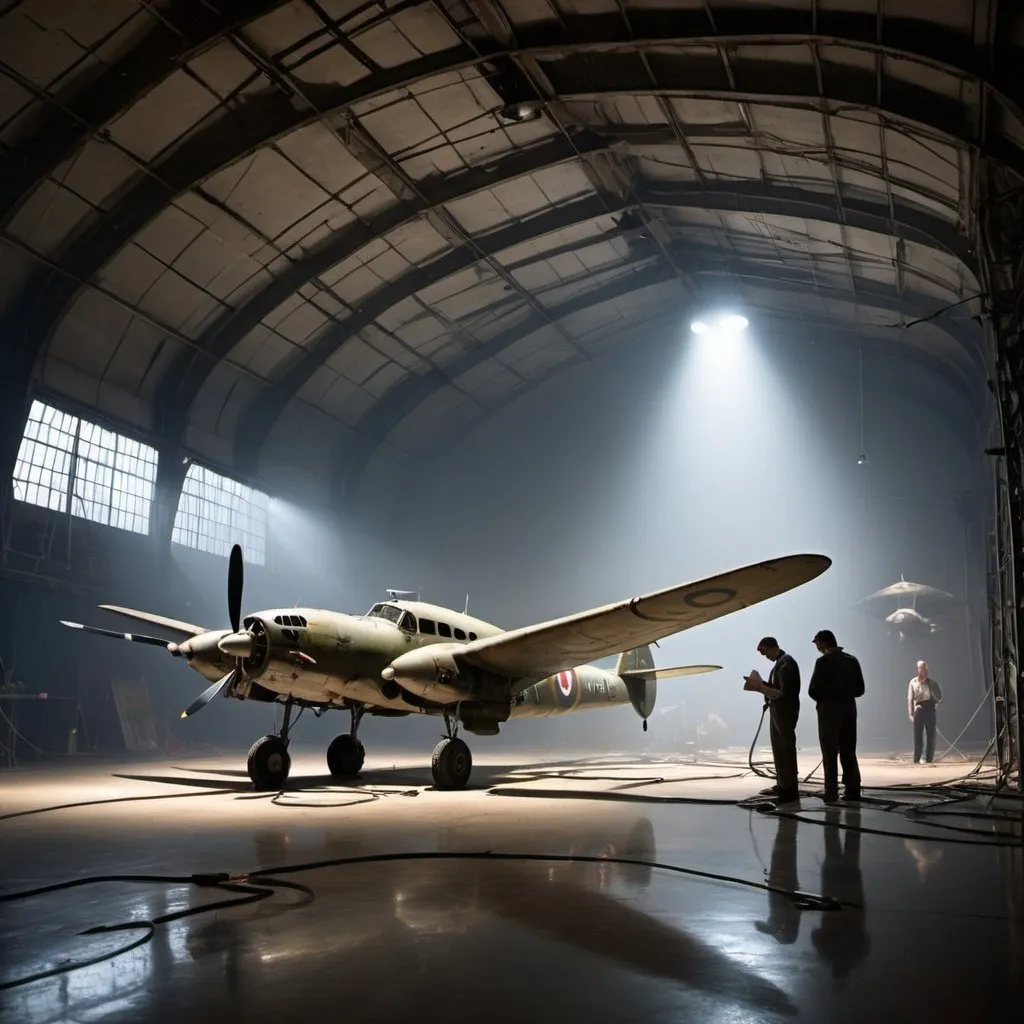 Prompt: A large hall with Arched roof, Ceiling spotlight projector, abandoned de havilland mosquito airplane parked, cables reaching the floor, long, bent and twisted, creative, the floor is filled with metal cables, untidy, disorderly, Two people in the background, mechanics engineer, taking notes, fog and smoke, neon lights, side view.