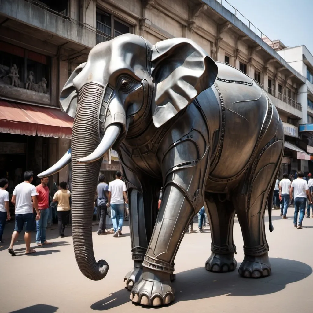 Prompt: giant statue of an elephant made of iron, Relief Sculpture, street, busy place, futuristic atmosphere, artistic people.