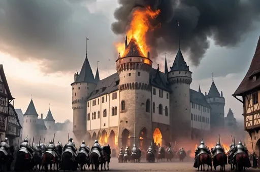Prompt: ancient city, Medieval atmosphere, A lot of smoke and fog, a lot of Knights, a lot of horses, a lot of soldiers in the area, Castles in the background with Gothic style architecture, The fireplaces are lit, flags are raised, the floor is wet, Germany, 1390 A.D