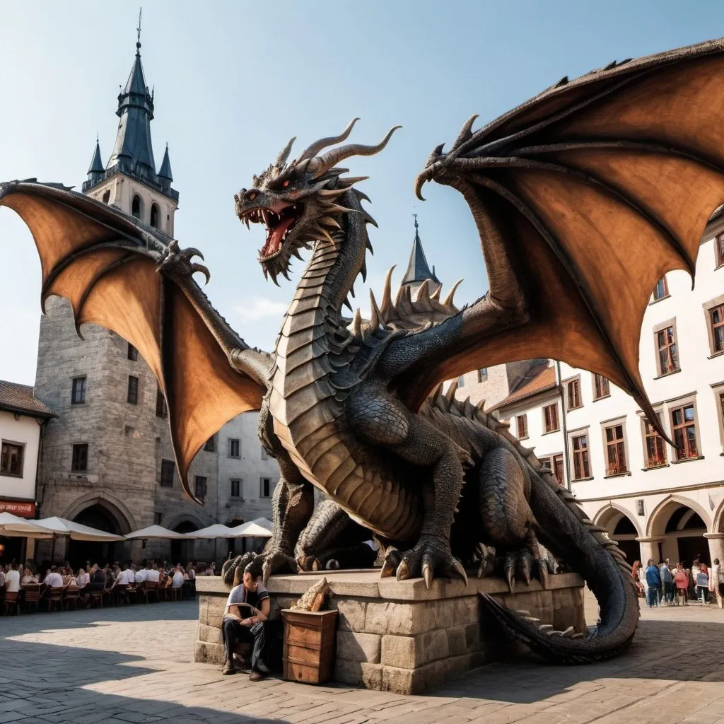 Prompt: a giant dragon with two head, Medieval atmosphere, The main square of a historic city, There are many people present