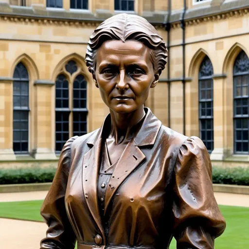 Prompt: a statue of Marie Curie made of cast iron, Cast iron rust effect, Oxford university campus, futuristic atmosphere, science fiction, people in area.