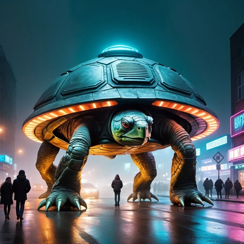 Prompt: giant metal statue of a science fiction turtle, innovative design, Flying saucer as the turtle's rock, neon lights, futuristic atmosphere, artistic, UFO style, street, people in area, Busy day, traffic, thick fog.