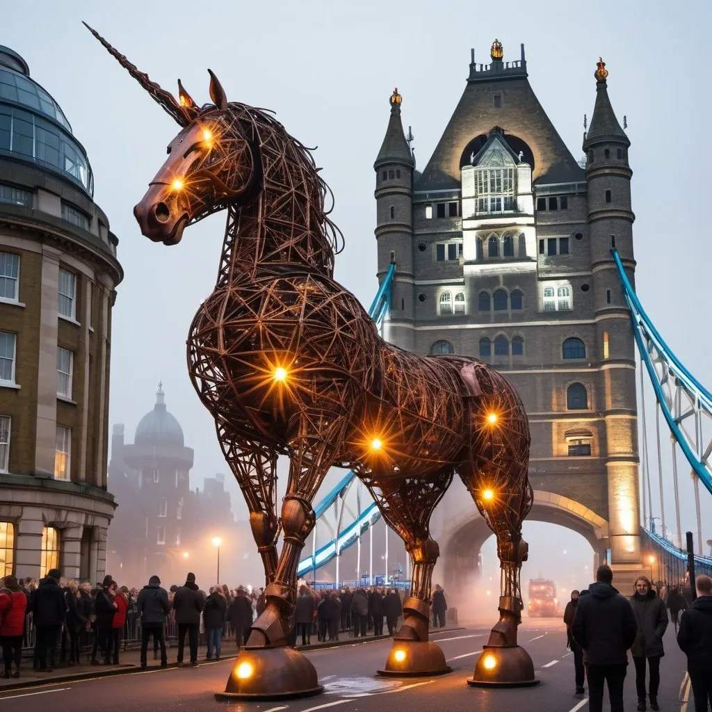 Prompt: a giant unicorn made by iron, Epic design, Iron rust, art and craft style, William Morris, street, tower bridge in the background, London, science fiction, Gathering of artists, lights, Busy day, traffic, fog, winter, artistic, Innovative.