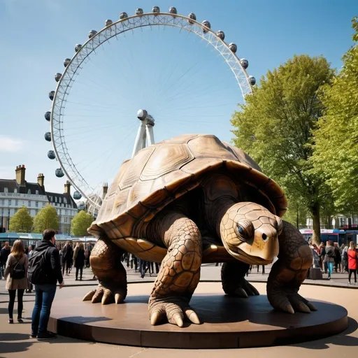 Prompt: a giant cast iron statues of old turtle, rust, London eye in background, innovative, geodesic, futuristic atmosphere, artistic, people in area, artificial light, Busy day, traffic, artistic people, people wearing cosplay.