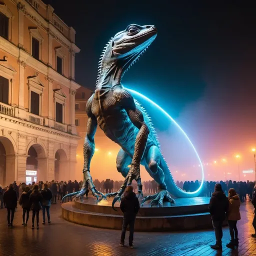 Prompt: giant statue of a lizard made of iron,a historical plaza in Roma, fog, neon lights, futuristic atmosphere, artistic people, many of visitors.