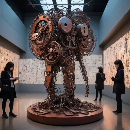 Prompt: An abstract sculpture of the economy made from discarded metal parts, creative, Rusty, the Mori Art Museum in Tokyo, busy place, futuristic atmosphere, artistic people, neon lights, digital arts in background.