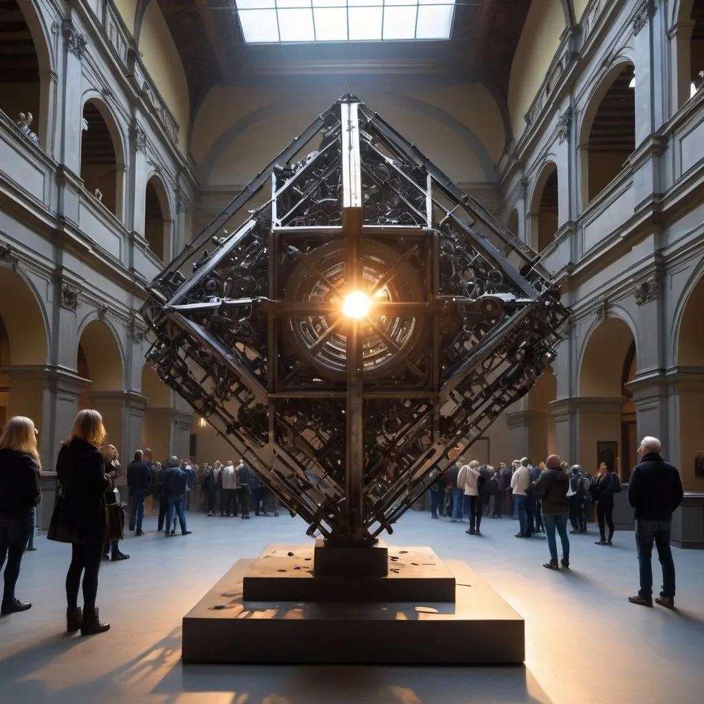 Prompt: An abstract sculpture of the Geographical sciences made from the discarded metal parts, creative, the Uffizi Gallery, crowd, visitors, artists, neon lights, fog, Narrow windows, A ray of sunlight.