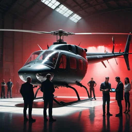 Prompt: a helicopter is parked in a hangar with people standing around it and a man standing next to it looking at a tablet, red lights, Donald Sherwood, art photography, cinematic photography, a detailed matte painting.