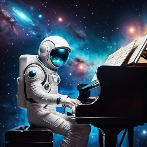 Prompt: spaceship throw up in galaxy, a spaceman with luminous eyes, playing piano.