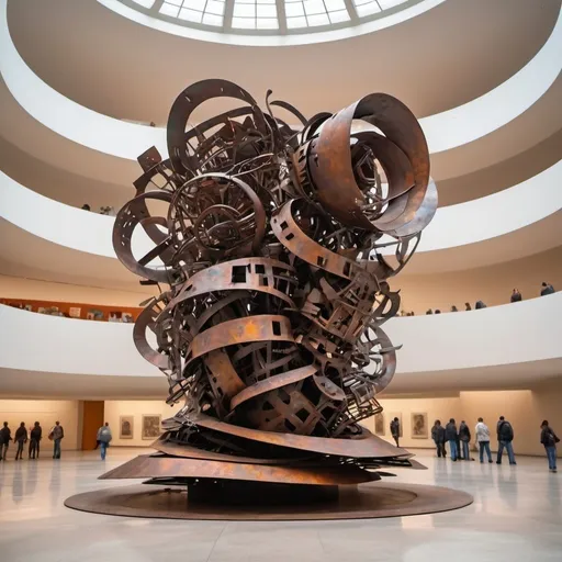 Prompt: An abstract sculpture of the literature made from discarded metal parts, creative, Rusty, the Guggenheim museum in new york city, busy place, futuristic atmosphere, artistic people.