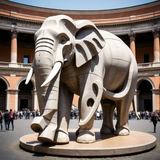 Prompt: giant statue of an elephant made of stone, Sculpture in the Round, a plaza in Roma, busy place, futuristic atmosphere, artistic people.