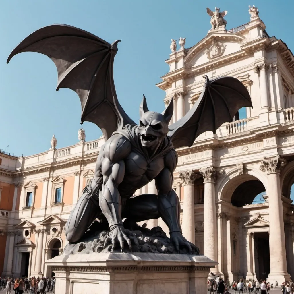 Prompt: giant statue of a bat made of stone, Baroque Sculpture, a plaza in Roma, busy place, futuristic atmosphere, artistic people.